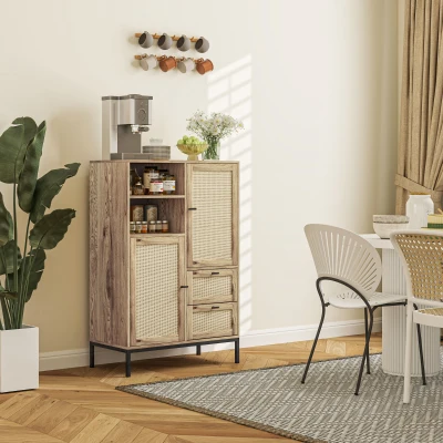 HOMCOM Armoire de Rangement, Commode Flexible avec Portes en Rotin, Tiroirs et Étagères Ajustables, 80L x 40l x 120H cm