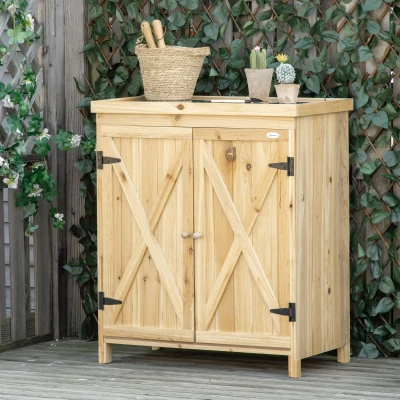 Outsunny Gartenschrank Gartenaufbewahrungsschrank verzinkte Metallplatte massives Holz 80 x 45 x 92 cm Naturholz