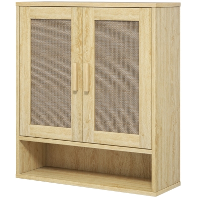 HOMCOM Wandmontage Badezimmerschrank Hängeschrank mit Doppeltüren und offenes Regal 59 x 20 x 66,5 cm Eichenholz-Effekt