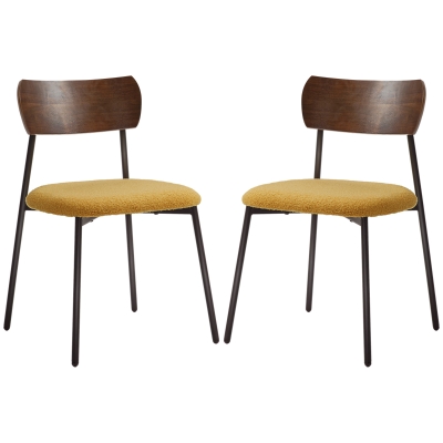 HOMCOM Set von 2 Esszimmerstühlen mit Fellstoff-Sitz, gebogener Holz-Effekt-Rückenlehne, Innenbereich, Gelb
