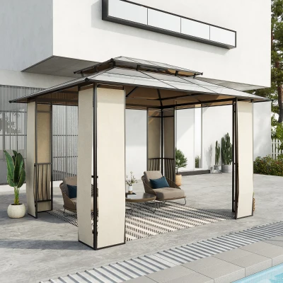 Outsunny Gartenpavillon Pavillon mit Sonnendach aus Polycarbonatplatten UV-Schutz wasserabweisend Robust Braun+Hellgrau 3,65 x 3 x 2,75 m