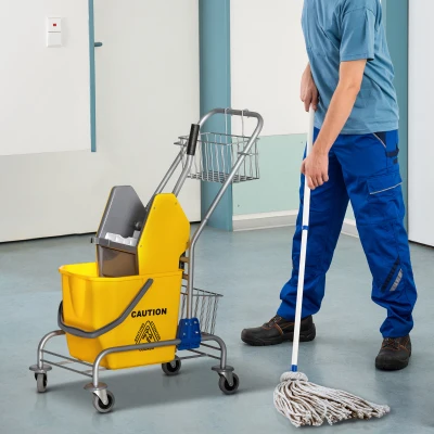 HOMCOM Chariot Ménage 26L Presse + Panier Rangement Jaune