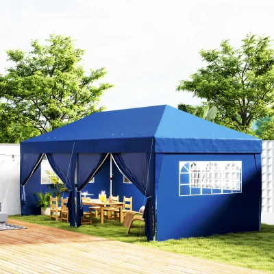 Outsunny Gartenpavillon Outdoor faltbare 3 x 6 m mit 6 Seitenwänden, inklusive Transporttasche, Blau