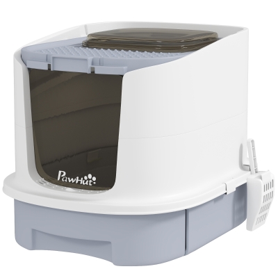 PawHut Maison de Toilette Chat Fermée avec Porte Gris