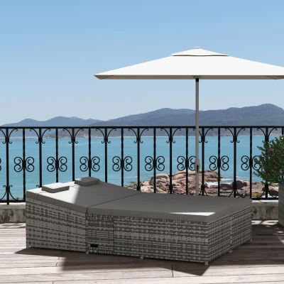 Outsunny 2-Seater Rattan Day Bed Grey with Cushions