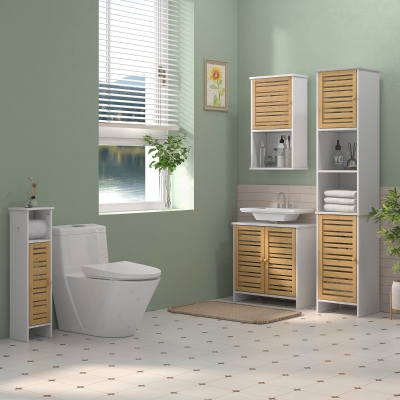 HOMCOM Badezimmer Waschtischunterschrank 2 Türen verstellbares Regal Aufbewahrungsschrank Waschbecken 60x30x60 cm Bambus Weiß