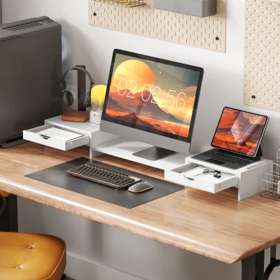 HOMCOM Monitorerhöhung PC-Schreibtisch Computertischständer von 60-116 cm mit 2 Schubladen, Länge und Winkel verstellbar