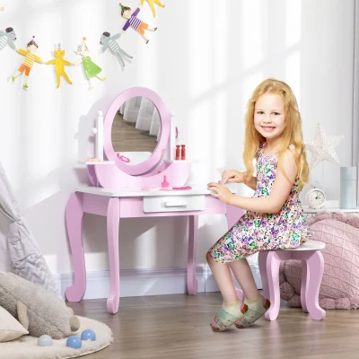 ZONEKIZ Kinder-Frisiertisch mit Hocker, Spiegel und Schublade 65,5 x 46 x 93 cm zweifarbig Rosa und Weiß