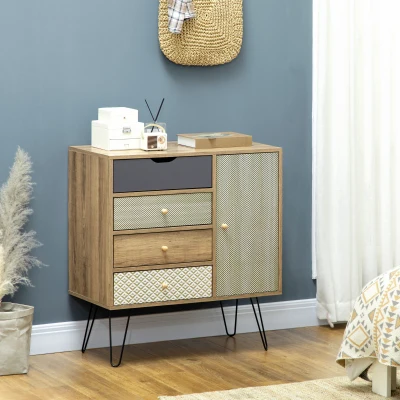 HOMCOM Buffet Bohème 4 Tiroirs 1 Placard Pieds Métal Marron