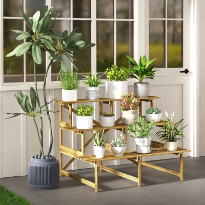 Outsunny Étagère à plantes, Étagère à fleurs, Rayonnage à fleurs, Étagère à plantes, Support à fleurs, 3 niveaux, Bois de sapin, 120 x 80 x 78cm