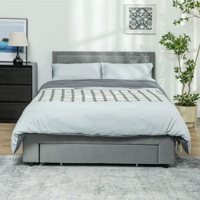 HOMCOM Lit Coffre Double Velours Gris avec Tiroir et Tête Réglable