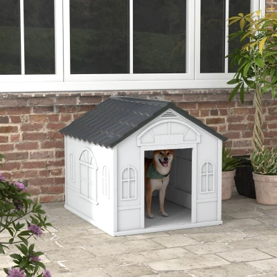 PawHut Casa para Cães 84,2x98,2x82 cm Casa para Cães com Janelas e Teto com Imitação de Telhas Casota para Cães Cinza
