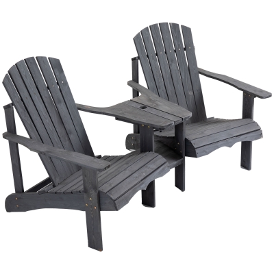 Outsunny Chaise de jardin Adirondack avec table et trou pour parasol 2 places Ensemble de fauteuils de jardin Mobilier d'extérieur pour balcon Bois massif Gris foncé 170 x 87 x 92 cm