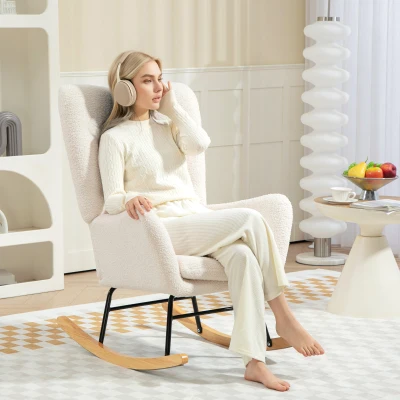 HOMCOM Fauteuil à Bascule, revêtement pelucheux, rembourrage épais, coussin lombaire, antidérapant, Crème