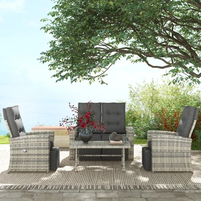 Outsunny 4 Piece Rattan Sofa Set with Glass Table Light Grey