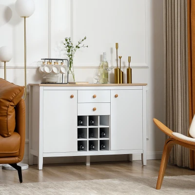 HOMCOM Buffet Aufbewahrungsschrank mit 2 Schubladen, 2 Türen verstellbaren Regalen und Flaschenhalter für 9 Flaschen - Maße: 110B x 35T x 75H cm