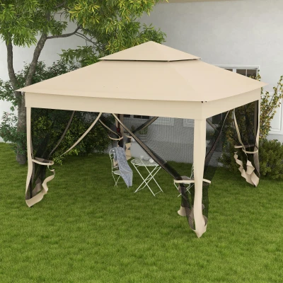 Outsunny Faltbarer Gartenpavillon Pop-up 3 x 3 m aus Metall Polyester, wasserdicht, UV-beständig, Moskitonetze, Transporttasche Creme