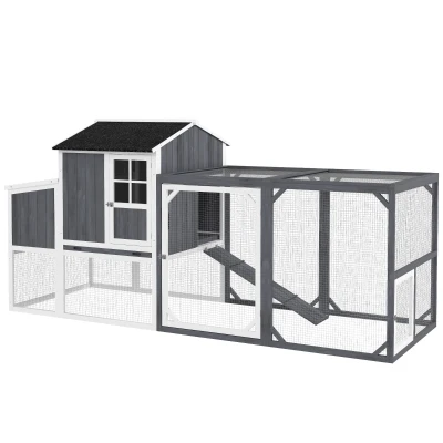 PawHut Poulailler avec Parc pour 3-4 Poules, Nichoir en 3 parties, 1,9 m² d’espace, Bois de sapin, Gris