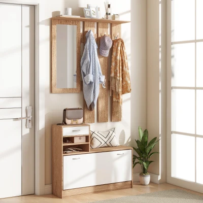 HOMCOM Meuble d'Entrée avec Banc, Miroir et Porte-Manteau