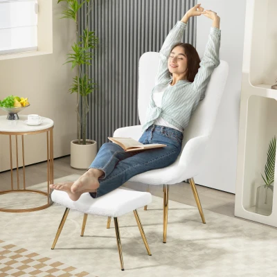 HOMCOM Fauteuil inclinable avec repose-pieds, dossier haut, couverture en sherpa, pieds en métal doré, jusqu'à 120kg, Blanc