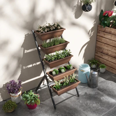 Outsunny Erhöhter Blumenkasten mit Etagen, vertikaler Blumenkasten mit 5 Blumentöpfen, Abflusslöcher, Stahlrahmen, Braun