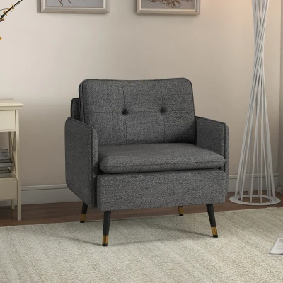 HOMCOM Skandinavischer Sessel mit gepolstertem Rücken und Paspel aus Stoff 76 x 68 x 80 cm Grau und schwarze Metallbeine mit goldenen Details