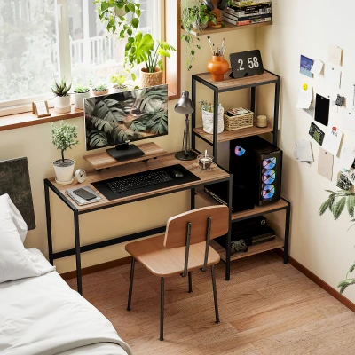 HOMCOM Bureau d'ordinateur avec Rehausseur de Moniteur, Bureau avec Étagère à Quatre Niveaux, Design Industriel, Braun
