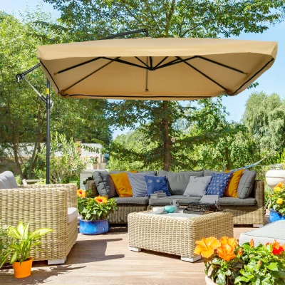 Outsunny Sombrilla de Jardín Excéntrica 296x296x265 cm con Manivela Mosquitera y Base Cruzada para Terraza Patio Color Beige