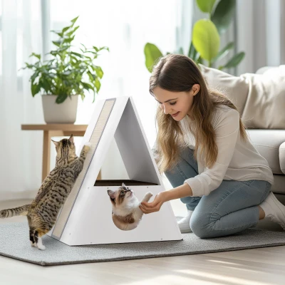 PawHut Katzenhaus 2 Ebenen, Schlafplatz für Innenkatzen mit 2 Teppichen und 4 Sisal-Kratzflächen, gemütliche Höhle
