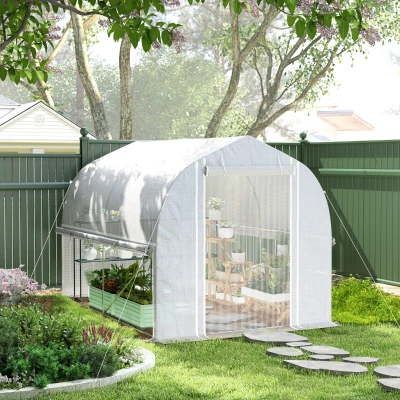 Outsunny Serre tunnel en polytunnel 3 x 2 x 2 m avec parois latérales à enrouler, couverture en plastique résistant aux UV et cadre en acier galvanisé, Blanc