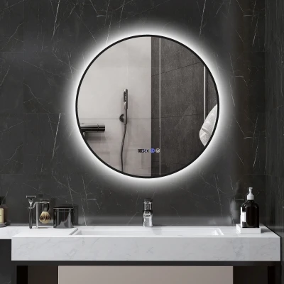 HOMCOM Runder Badezimmerspiegel mit LED-Beleuchtung, stufenlos einstellbar, Antibeschlagfunktion, Touch-Schalter, schwarz
