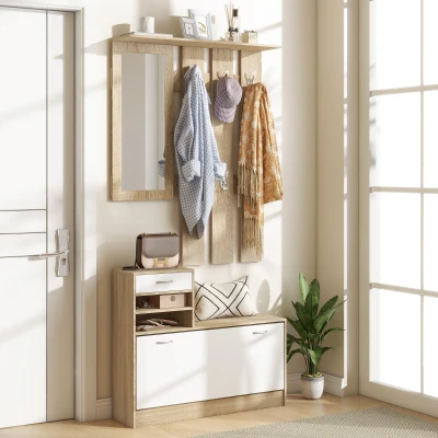HOMCOM Meuble Vestiaire Banc à Chaussures avec Miroir et Crochets