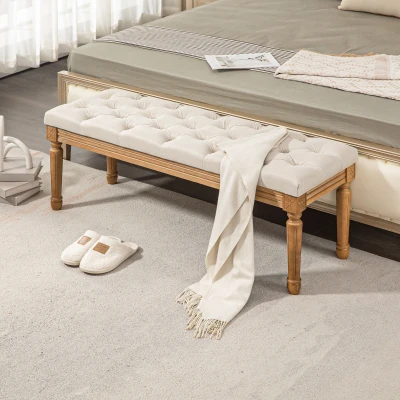 HOMCOM Banc rembourré avec bouton capitonné, Banc-lit, Design vintage, 120x41x48cm, Crème
