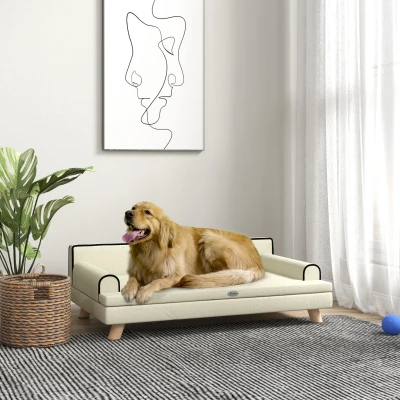 PawHut Skandinavisches Design-Sofabett für Hunde oder Katzen mit kuscheligem abnehmbarem Kissen und massiven Holzbeinen 100 x 62 x 32 cm beige