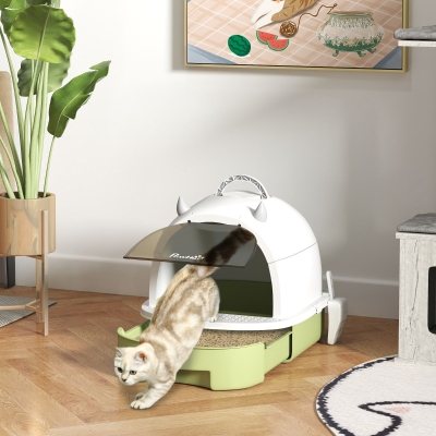 PawHut Caixa de Areia para Gatos Fechada com Tampa e Bandeja Amovíveis Filtro de Carvão e Pá 40,5x52x39 cm Branco e Verde