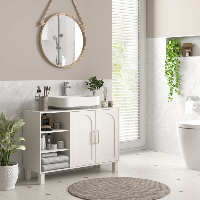 HOMCOM Unterschrank Badezimmerschrank mit zweistufigem Schrank verstellbare Regale 90B x 30T x 63H cm Creme