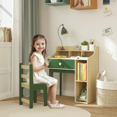 AIYAPLAY Kinder-Schreibtisch- und Stuhlset mit Aufbewahrungsregalen und Schublade, Möbel für Kinder von 3 bis 10 Jahren, Grün