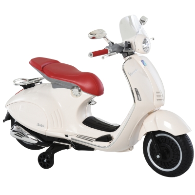 HOMCOM Vespa Scooter Moto électrique Enfants 6 V dim. 108L x 49l x 75H cm Musique klaxon 2 roues auxiliaires, 3-6 ans, Blanc