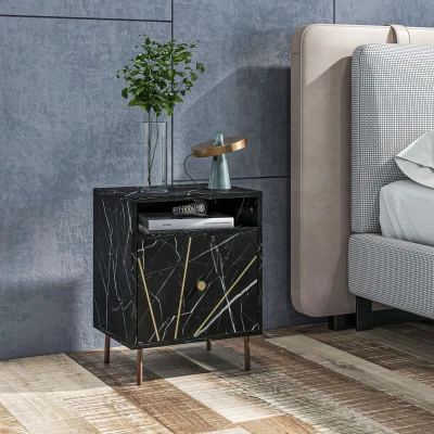 HOMCOM Nachttisch Beistelltisch mit 1 großem Schublade und 1 Fach, Marmoroptik, goldene Metallfüße, 39B x 30T x 50H cm