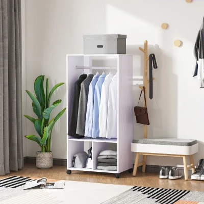 HOMCOM Armoire Blanche Roulettes Rangement 2 Portes Bois