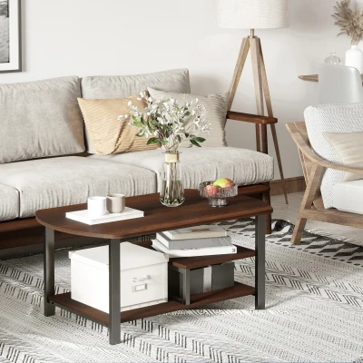 HOMCOM Couchtisch, Wohnzimmertisch Kaffeetisch mit Ablageflächen für Büro, Wohnzimmer, Schlafzimmer, industrieller Stil, E1 Spanplatte, Stahl, Braun, 100L x 60B x 46H cm