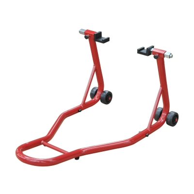 HOMCOM Caballete de Moto Soporte Posterior Universal Portátil y Móvil Tipo Elevador de Acero con 2 Horquillas y Ruedas 80x50x40 cm Color Rojo