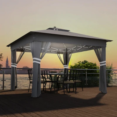 Outsunny Gazebo da Giardino Regolabile con Luci LED Grigio