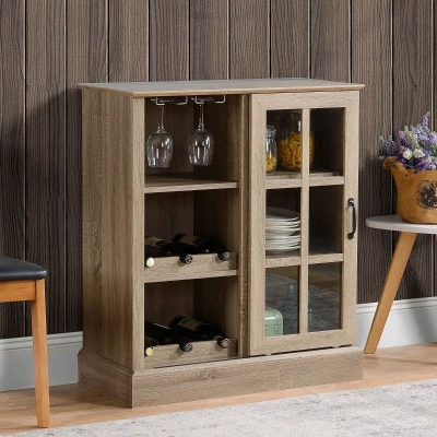 HOMCOM Aparador de Cocina Moderno con Puerta de Vidrio Soporte para 6 Copas y Botellero 79x39x92 cm Café