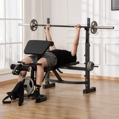 HOMCOM Banco de Musculación Multifuncional Banco de Pesas con Respaldo Inclinable y Soporte de Barras Altura Ajustable para Entrenamiento Cuerpo Completo Ginmasio Carga 300 kg 187x140x117-136 cm Negro