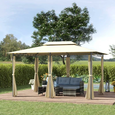 Outsunny Pavillon 3x4m Gartenpavillon mit 6 Seitenteilen Partyzelt Gartenzelt Festzelt mit Doppeldach Beige+Schwarz
