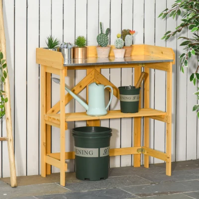 Outsunny Mesa de Plantación Plegable Mesa de Jardinería de Madera con Placa de Zinc y Estante para Jardín Terraza Balcón 85x44x89 cm Amarillo