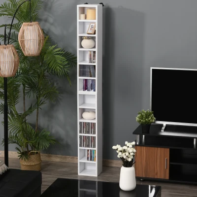 HOMCOM CD-Ständer 2er Set CD-Regal Holzregal Standregal mit 12 offenen Ablagefächern Medienrega Dekoregal Aufbewahrung Weiß 21 x 19,2 x 88,3 cm