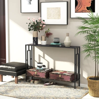 HOMCOM Table Console Industrielle Bois Gris Acier Noir