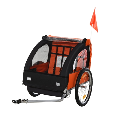 HOMCOM 2-Seat Bike Trailer Steel Carrier Orange Black 130x76cm